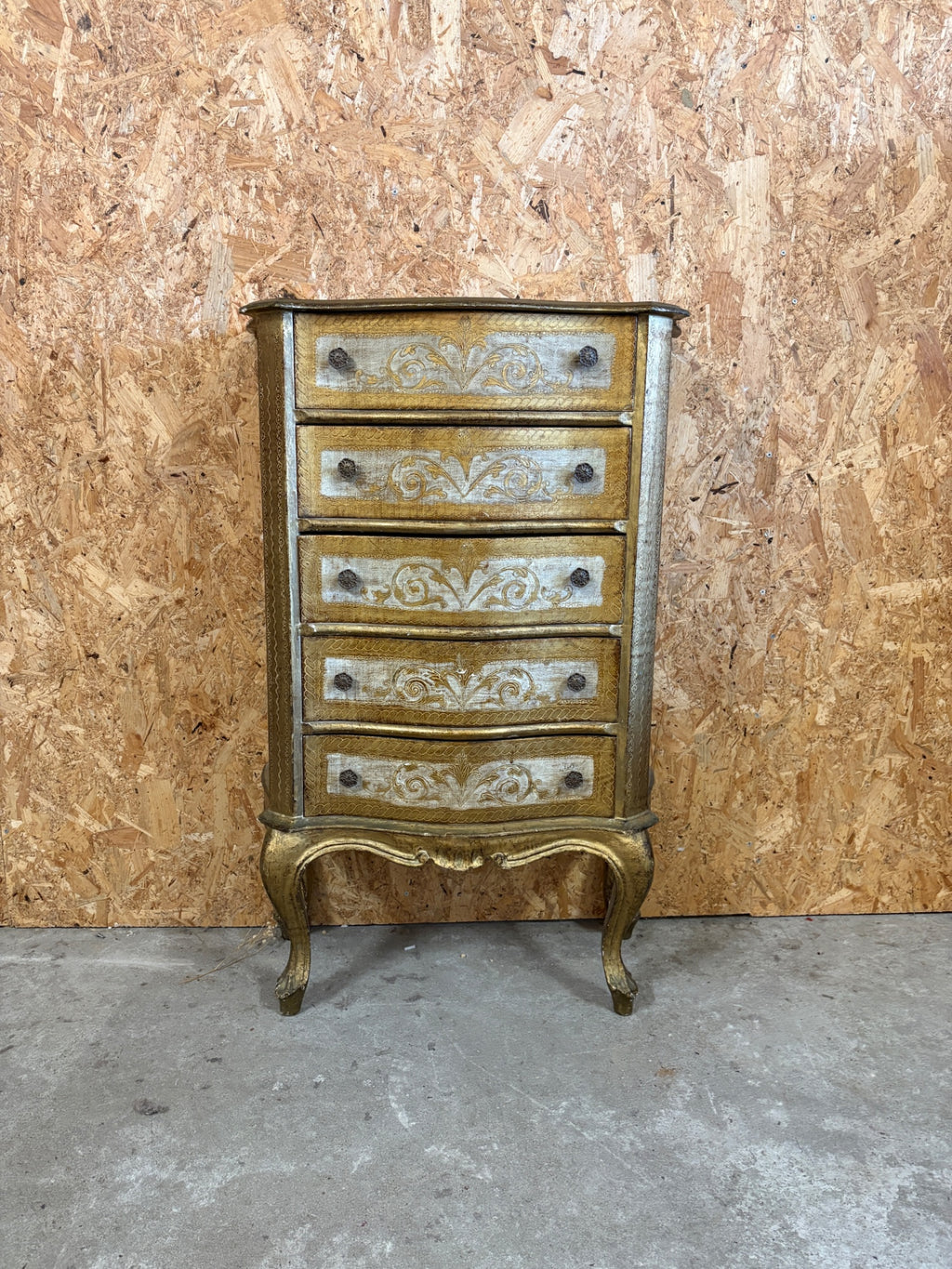 Commode chiffonnier florentin doré et argenté 5 tiroirs